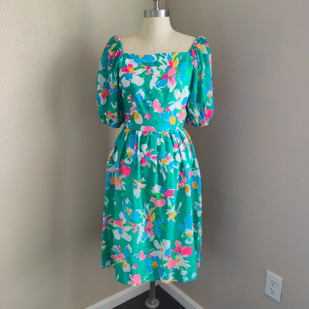 Vintage 80s Kappi Floral Dress‎ Puff Sleeve Green Pink Kitsch Garden Union USA